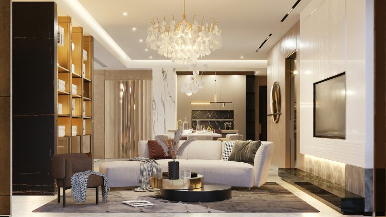 Soggiorno luminoso con vetrata, per scegliere tra appartamento o villa a Dubai