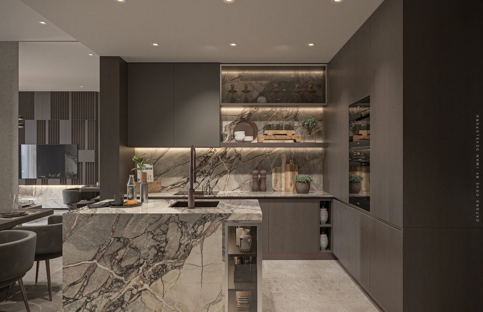 Kitchen with marble island at Oxford Cove