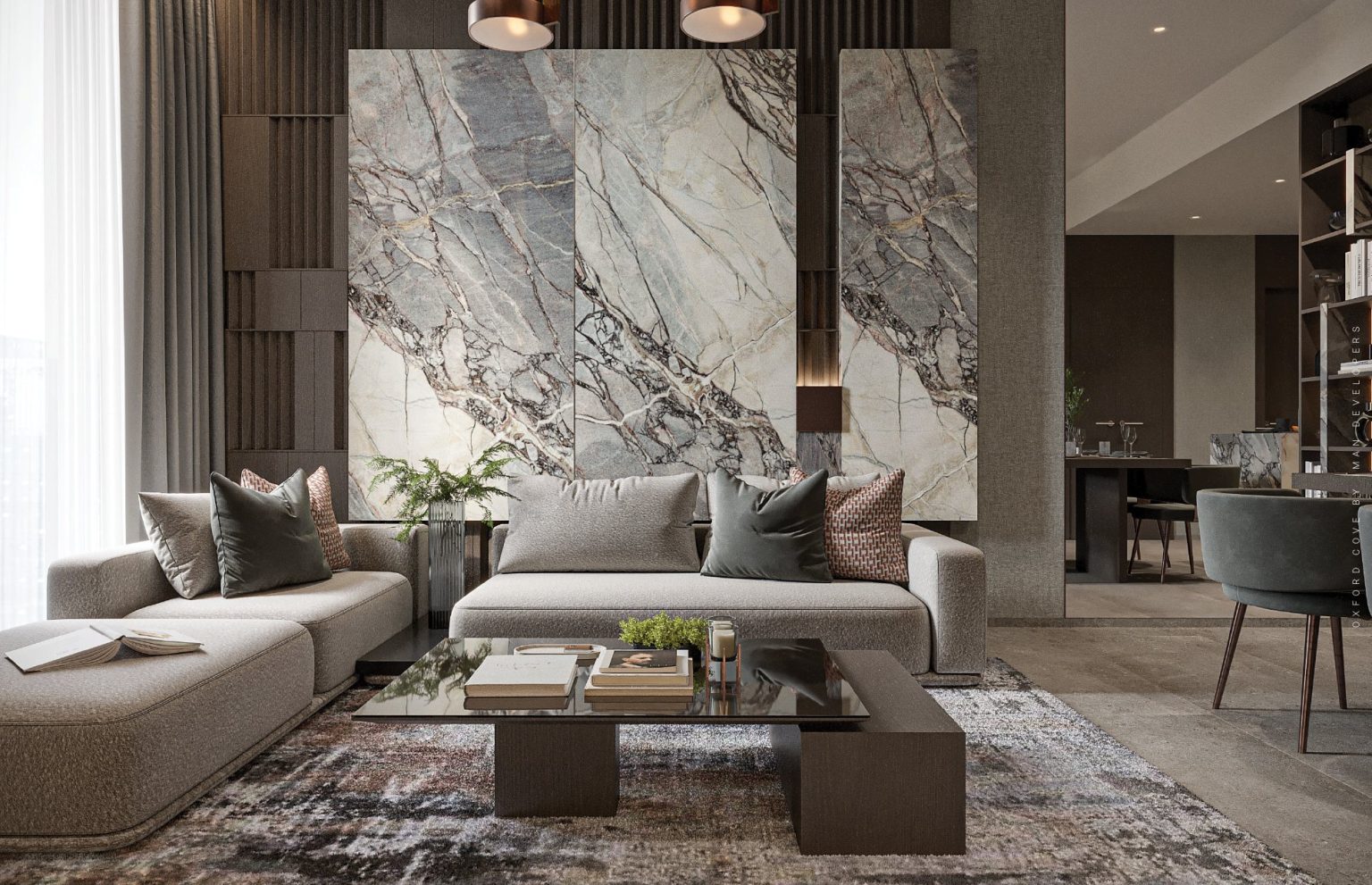 Living room with marble feature wall at Oxford Cove