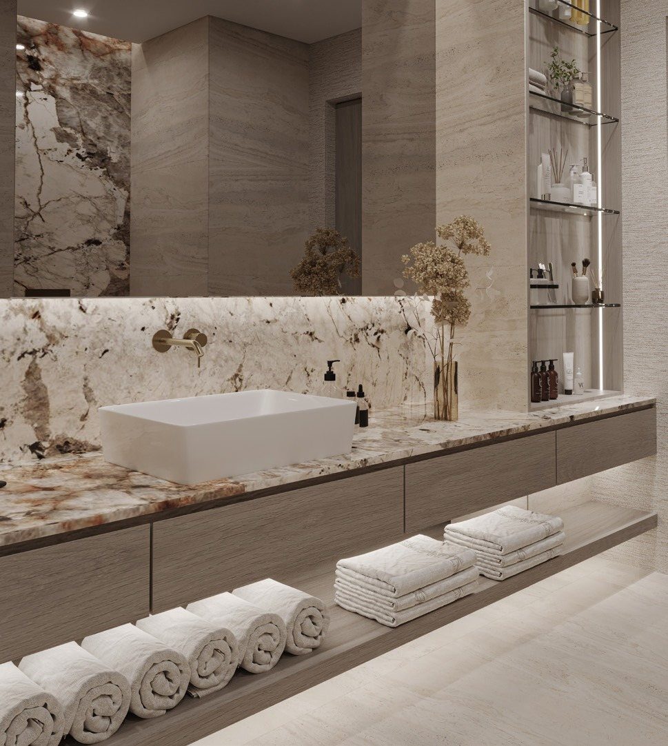 Marble bathroom at Pearl House by Imtiaz