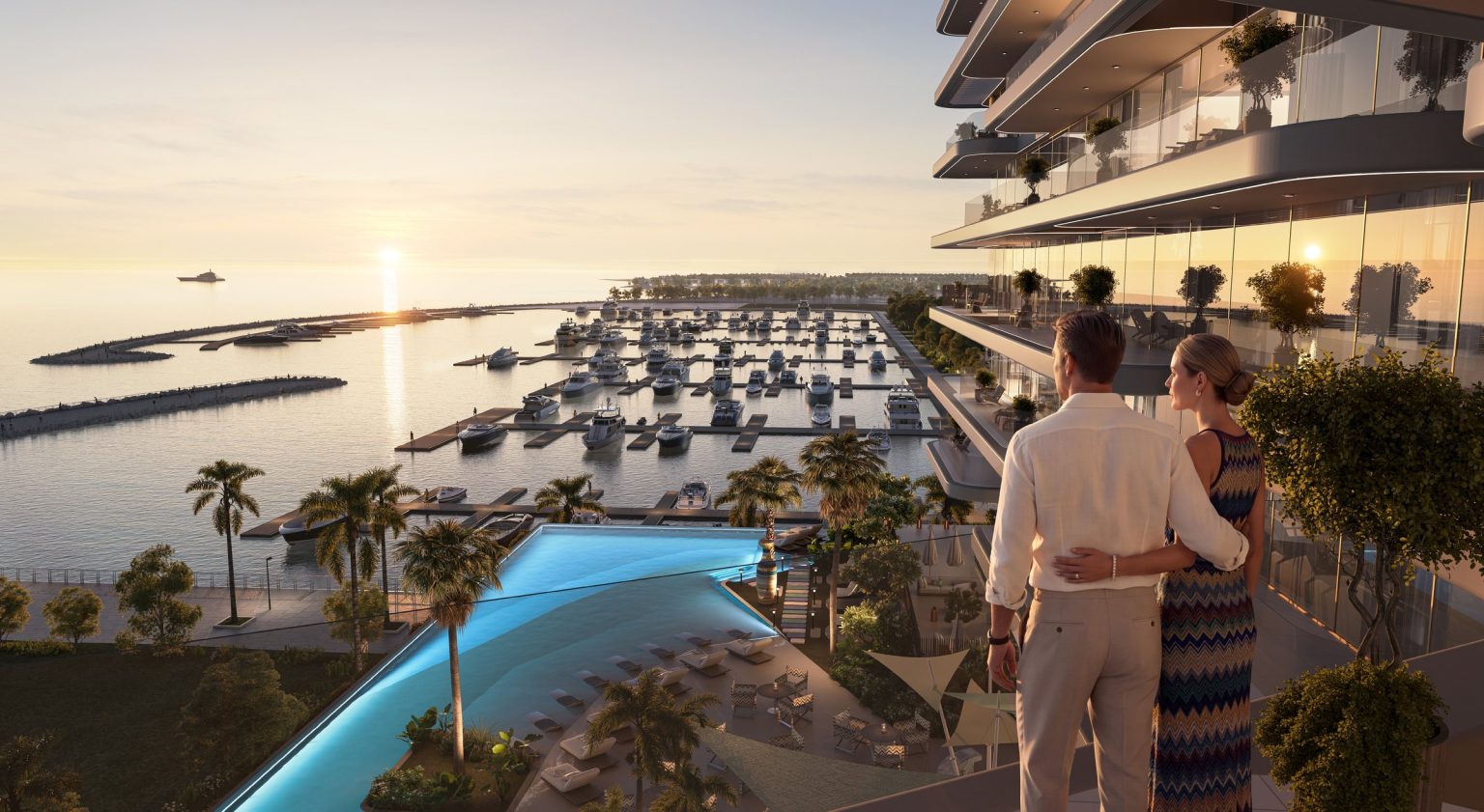 Beach pool overlooking the yacht marina at The Bay – Interiors by Missoni