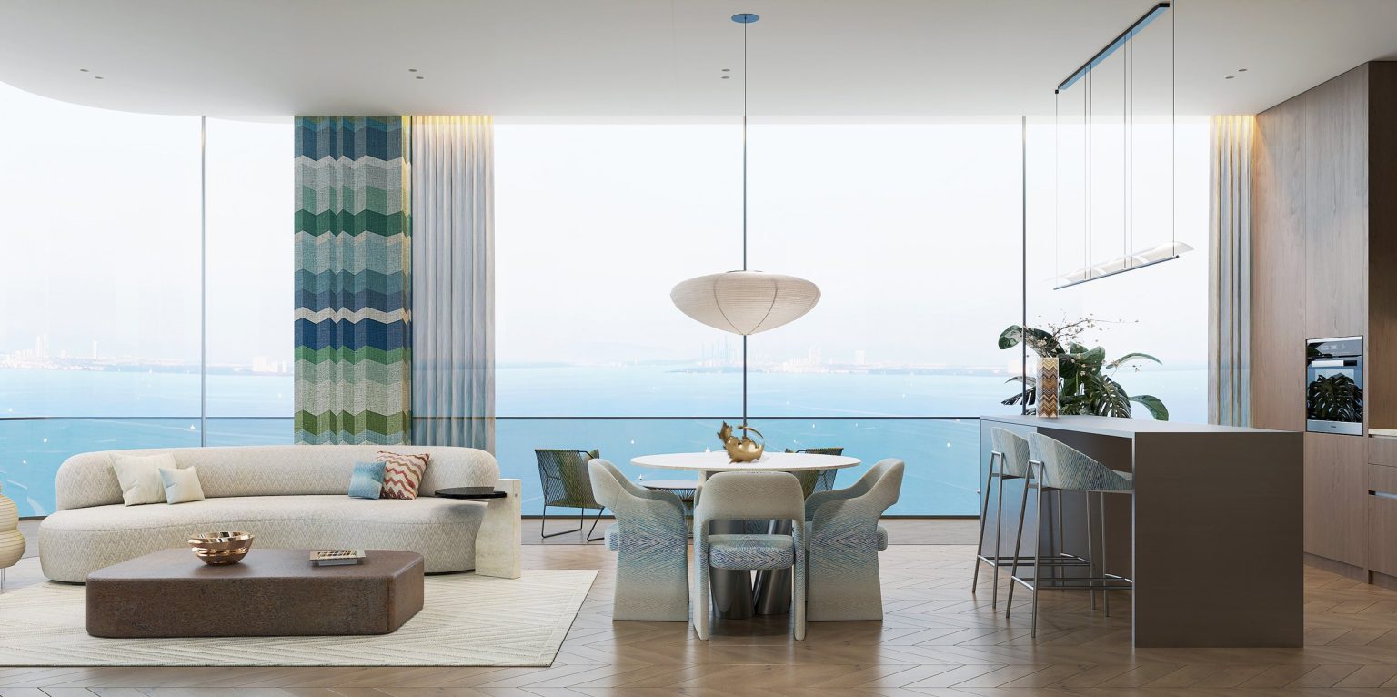 Living room and kitchen with sea views at The Bay – Interiors by Missoni