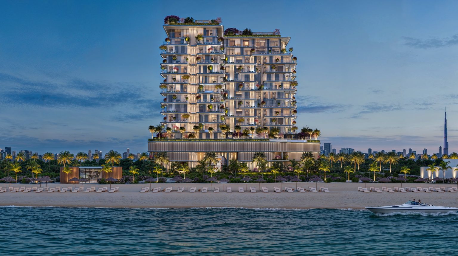 Villa del DIVOS on the first coastline of Dubai Islands at dusk