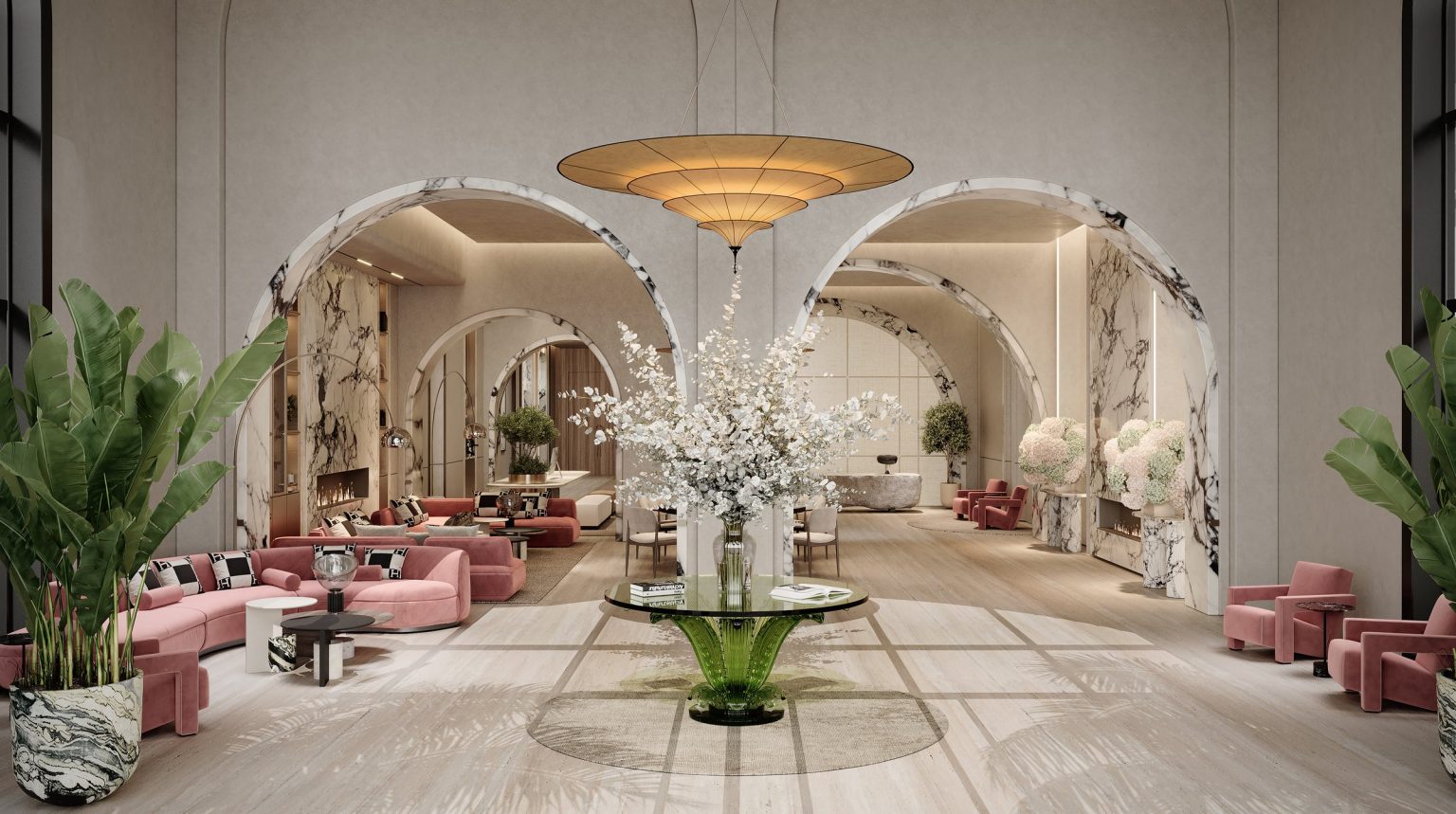 Grand lobby of Villa del DIVOS with marble arches and designer furniture