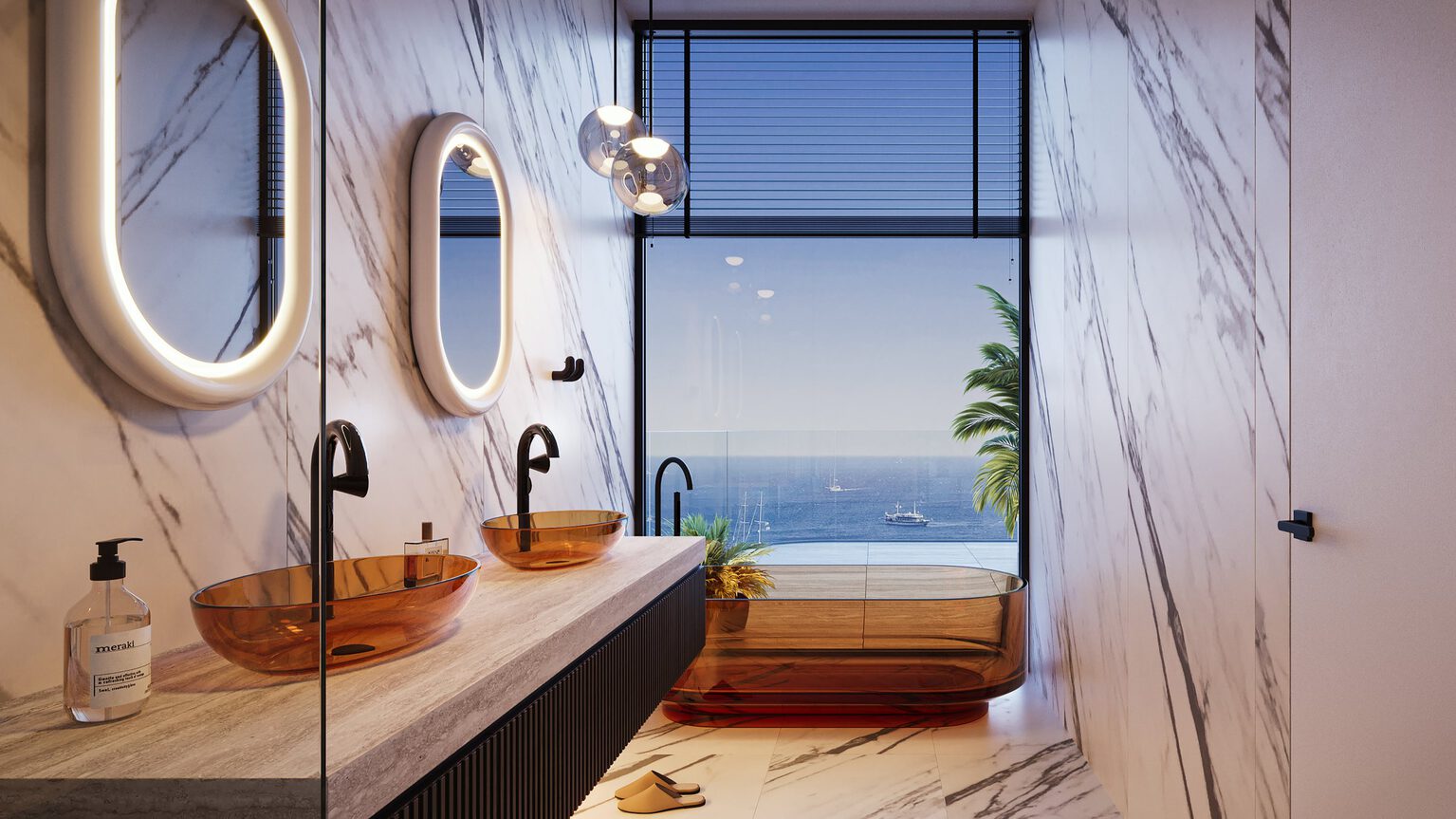 Marble bathroom with freestanding bathtub and sea view at Villa del DIVOS